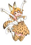  :d \o/ animal_ears arms_up belt blonde_hair boots bow bowtie breasts elbow_gloves gloves high-waist_skirt highres jumping kemono_friends medium_breasts miniskirt moyamu open_mouth outstretched_arms serval_(kemono_friends) serval_ears serval_print serval_tail shirt skirt sleeveless sleeveless_shirt smile solo tail thighhighs yellow_eyes zettai_ryouiki 