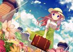  arm_up bangs blue_sky blush breasts buttons carrying chinomaron closed_mouth cloud collared_shirt commentary_request cowboy_shot daisy day dress dutch_angle eyebrows_visible_through_hair flower frilled_dress frilled_sleeves frills gochuumon_wa_usagi_desu_ka? grass green_dress hat highres hoto_mocha large_breasts long_dress long_hair looking_at_viewer meadow orange_hair outdoors petals purple_eyes shirt short_sleeves signature sky sleeveless sleeveless_dress smile solo standing suitcase sun_hat white_shirt wind windmill yellow_hat 