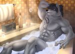  2017 abs anthro bath bathing biceps bottle bubble canine chest_tuft clean_nude male mammal marsel-defender muscular muscular_male navel nude pecs radio soap solo tattoo towel tuft water wolf 