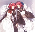  apron bangs bed bed_sheet bow chocoan closed_eyes eyebrows_visible_through_hair hair_ribbon hisui holding_hands japanese_clothes juliet_sleeves kimono kohaku long_sleeves lying maid maid_apron maid_headdress multiple_girls on_back parted_lips puffy_sleeves red_hair ribbon sash short_hair siblings simple_background sisters smile tsukihime type-moon wa_maid yellow_eyes 