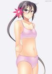  akebono_(kantai_collection) bad_id bad_pixiv_id bell blush bow bow_bra bow_panties bra breasts cowboy_shot flower hair_bell hair_flower hair_ornament jingle_bell kankitsunabe_(citrus) kantai_collection long_hair navel nose_blush panties pink_bra pink_panties purple_eyes purple_hair side_ponytail small_breasts solo sports_bra stomach underwear underwear_only very_long_hair 