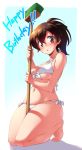  1girl :o bangs barefoot bikini black_ribbon blush breasts broom brown_eyes brown_hair cleavage commentary english_text eyebrows_visible_through_hair front-tie_bikini front-tie_top full_body girls_und_panzer hair_ribbon happy_birthday head_tilt highres holding holding_broom kneeling koyama_yuzu kuzuryuu_kennosuke legs light_blush long_hair looking_at_viewer medium_breasts medium_hair navel parted_lips ponytail ribbon shadow short_ponytail side-tie_bikini skindentation solo swimsuit thick_thighs thighs underboob white_bikini 