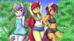  absurd_res ambris anthro anthrofied apple_bloom_(mlp) clothed clothing cutie_mark_crusaders_(mlp) earth_pony equine eyelashes feathered_wings feathers female friendship_is_magic green_eyes group hair hair_bow hair_ribbon hands_behind_back hands_behind_head hi_res horn horse kurausuki long_hair looking_at_viewer mammal multicolored_hair my_little_pony navel outside pegasus pony purple_hair red_hair ribbons scootaloo_(mlp) shorts sweetie_belle_(mlp) two_tone_hair unicorn wings 