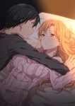  1girl arm_support asuna_(sao) bed black_hair black_shirt bra_strap braid commentary hand_on_another's_face kirito long_hair looking_at_another lying off_shoulder pink_sweater ribbed_sweater shirt short_hair smile sweater sword_art_online sword_art_online_the_movie:_ordinal_scale wrist_grab 