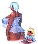  2girls ass blonde_hair blue_hair breasts dark_skin gigantic_breasts huge_ass looking_back modeseven multiple_girls nightgown thick_thighs 