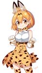  animal_ears artist_name blonde_hair bow extra_ears eyebrows_visible_through_hair gloves high-waist_skirt kemono_friends looking_at_viewer miniskirt print_bow print_gloves print_legwear print_skirt serval_(kemono_friends) serval_ears serval_print serval_tail short_hair simple_background skirt smile solo songmil tail thighhighs white_background white_gloves yellow_eyes yellow_skirt zettai_ryouiki 