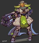  arm_cannon breasts clenched_hand coattails commentary cubu3 curvy dark_skin eyeshadow full_body green_hair grey_background half-closed_eyes large_breasts makeup mecha_musume orisa_(overwatch) overwatch pelvic_curtain personification solo weapon whisker_markings yellow_eyes 
