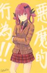  &gt;:) :/ artist_name background_text bad_id bad_pixiv_id bat_hair_ornament commentary_request contrapposto cowboy_shot crossed_arms gabriel_dropout hair_ornament hair_ribbon hair_rings highres kurumizawa_satanichia_mcdowell necktie pleated_skirt red_eyes red_hair retorillo ribbon skirt smile solo standing sweater v-shaped_eyebrows yellow_background 
