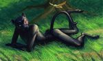  ambiguous_gender anthro avian bird daryabler duo feathered_wings feathers feline feral fur grass lying male mammal nude on_front outside panther tree wings 