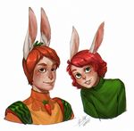  ambiguous_gender anthro clothed clothing daryabler duo hair inner_ear_fluff lagomorph mammal rabbit simple_background smile 