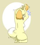  animal_crossing anthro bell belly breasts butt canine dog feet fur hair isabelle_(animal_crossing) mammal nintendo nipples nude raised_arm rear_view simple_background sitting slightly_chubby solo surprise vanilla video_games yellow_fur 