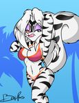  2017 benjipaws bikini black_fur breasts clothing feline female fur hybrid looking_at_viewer mammal pose signature simple_background skunk solo standing swimsuit tiger tongue tongue_out white_fur zig_zag 