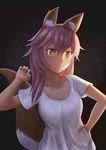  absurdres animal_ears bad_id bad_pixiv_id breasts cleavage collarbone fate/extra fate/grand_order fate_(series) fou_zi fox_ears fox_tail highres large_breasts long_hair pink_hair shirt solo tail tamamo_(fate)_(all) tamamo_no_mae_(fate) tamamo_no_mae_(swimsuit_lancer)_(fate) white_shirt yellow_eyes 