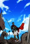  battlefield bird blood bloody_clothes blue_sky cape cloud corpse day facial_hair fate/grand_order fate_(series) flag goatee hector_(fate/grand_order) male_focus polearm sake_(kadai) sky solo spear weapon 