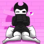  &lt;3 2017 ambiguous_gender bendy bendy_and_the_ink_machine black_body clothed clothing datfurrydude demon humanoid legwear looking_at_viewer not_furry on_pillow one_eye_closed pink_background planks simple_background sitting sweater thigh_highs turtleneck 