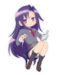  batzip blue_hair blush cup drinking_glass eyebrows_visible_through_hair glass goshiki_agiri holding holding_cup kill_me_baby long_hair long_sleeves looking_away necktie pill purple_eyes red_neckwear school_uniform smile solo water 
