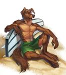 abs biceps canine clothed clothing dog kahito_slydeft_(artist) male mammal muscular muscular_male pecs simple_background solo summer topless 