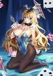  animal_ears atago_(kantai_collection) bare_shoulders black_legwear blonde_hair blue_eyes blush bunny_ears bunny_tail bunnysuit card checkered checkered_floor choker collarbone covered_navel fur gloves high_heels kantai_collection kneeling long_hair looking_at_viewer miyazaki_byou pantyhose playing_card smile solo tail wrist_cuffs 