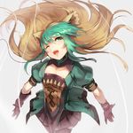  ahoge animal_ears atalanta_(fate) black_legwear cat_ears commentary_request fate/apocrypha fate_(series) gloves gradient_hair green_eyes highres long_hair multicolored_hair one_eye_closed open_mouth outstretched_hand solo sue_(bg-bros) thighhighs wind 