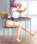  1girl barefoot blush breast_rest breasts btk chair classroom desk feet female full_body huge_breasts legs long_hair looking_at_viewer one-piece_swimsuit open_mouth pink_hair school school_uniform sitting smile solo swimsuit yellow_eyes 