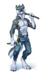  abs anthro biceps canine clothed clothing kahito_slydeft_(artist) male mammal muscular pecs simple_background solo topless wolf 