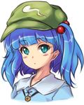  bangs blue_dress blue_eyes blue_hair blunt_bangs blush dress expressionless eyebrows_visible_through_hair green_hat hair_bobbles hair_ornament hat jewelry jpeg_artifacts kawashiro_nitori looking_at_viewer mochi.f necklace short_hair simple_background solo touhou two_side_up upper_body white_background 