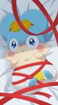  anthro blue_eyes blue_fur blush clothing cocotama female fur hairband himitsu_no_cocotama looking_at_viewer lying open_mouth oshaki panties ribbons solo souhichikage underwear 