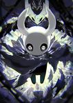  aura backlighting black_cloak black_skin blurry chain character_request chromatic_aberration cloak commentary_request depth_of_field energy floating glowing glowing_eyes highres hollow_eyes hollow_knight horns knight_(hollow_knight) mamuru solo torn_cloak torn_clothes white_eyes 