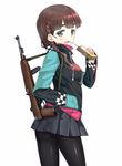  a9b_(louis814) black_hair black_legwear black_skirt braid fang green_eyes gun hand_in_pocket highres holding looking_at_viewer looking_back m1_carbine miniskirt open_mouth original pantyhose pleated_skirt rifle shiny shiny_skin short_hair skirt solo sweater thick_eyebrows weapon 