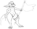  belly clothed clothing digitigrade ear_piercing eye_patch eyewear female flag flat_chested g-string grin holster kobold monochrome piercing pirate pose reptile scalie sharp_teeth simple_background skimpy slightly_chubby smile solo tape teeth totalgarbage underwear wide_hips 