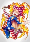  aioi_aoi american_flag_dress american_flag_legwear bangs blonde_hair clownpiece dress fire full_body hat jester_cap long_hair long_sleeves looking_at_viewer neck_ruff open_mouth pantyhose polka_dot red_eyes short_dress simple_background smile solo star star_print striped teeth torch touhou touhou_sangetsusei very_long_hair 