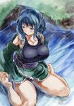  bad_anatomy bare_legs bare_shoulders blue_eyes blue_hair blue_swimsuit blush breasts collarbone drill_hair head_fins humanization japanese_clothes kimono large_breasts one-piece_swimsuit school_swimsuit short_hair short_kimono solo swimsuit touhou wakasagihime water yohane 