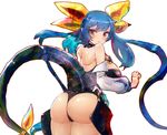  1girl ass bare_shoulders blue_hair breasts byte_(grunty-hag1) detached_sleeves dizzy female from_behind guilty_gear hair_ornament huge_breasts long_hair looking_at_viewer looking_back monster_girls red_eyes simple_background solo standing tail very_long_hair white_background 