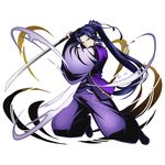  assassin_(fate/stay_night) blue_hair divine_gate fate/stay_night fate_(series) full_body grey_ribbon hair_ribbon high_ponytail holding holding_sword holding_weapon japanese_clothes katana long_hair looking_at_viewer male_focus official_art purple_eyes ribbon smile solo sword transparent_background ucmm very_long_hair weapon 