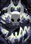  aura backlighting black_cloak black_skin blurry chain character_request chromatic_aberration cloak commentary_request depth_of_field floating highres hollow_eyes hollow_knight horns knight_(hollow_knight) mamuru solo torn_cloak torn_clothes 