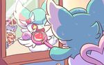  &lt;3 accessories bibitto_(cocotama) blue_fur brown_fur clothing cocotama female fur group himitsu_no_cocotama long_ears male mirror nettsuu one_eye_closed open_mouth panties pinko_(cocotama) purple_fur renji_(cocotama) solo_focus star_eyes stick sweat underwear 