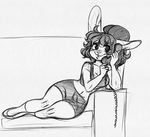  anthro clothed clothing female higgyy lagomorph mammal monochrome open_mouth phone rabbit sketch smile solo wide_hips 