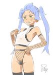  1girl alternate_costume blue_hair female fishnets original satsuyo sharp_teeth simple_background solo takaradai_sameko thighhighs twintails white_background 