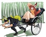  1boy 1girl animal_ears bamboo bandanna blonde_hair doitsuken fox_ears fox_tail hat open_mouth original rickshaw tail towel towel_around_neck 