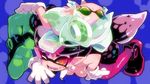  ;d aori_(splatoon) bare_shoulders black_hair blue_background blush breasts cleavage commentary_request cousins domino_mask dress earrings girl_on_top gloves grey_hair hair_ornament highres hotaru_(splatoon) jewelry mask medium_breasts mole mole_under_eye multiple_girls one_eye_closed open_mouth pantyhose pointy_ears shoes simple_background sleeveless sleeveless_dress smile splatoon_(series) splatoon_1 strapless strapless_dress symbol-shaped_pupils teeth tentacle_hair tentacles yellow_eyes zankuro 