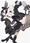  1girl ass blindfold covered_eyes dress feather-trimmed_sleeves gloves high_heels long_sleeves nier_(series) nier_automata pod_(nier_automata) shiromiso short_hair smile sword thighhighs weapon white_hair yorha_no._2_type_b yorha_no._9_type_s 