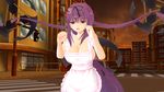  1girl 3d breasts hair_ribbon large_breasts murasaki_(senran_kagura) naked_apron purple_eyes purple_hair senran_kagura 