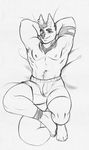  anthro anubislivess boxers_(clothing) bulge canine clothing higgyy jackal looking_at_viewer lying male mammal monochrome muscular on_back sketch smile solo underwear 