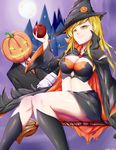  1girl apple black_hat black_skirt black_suit blonde_hair breasts broom broom_riding cleavage food formal fruit halloween halloween_costume hat holding holding_food holding_fruit jack-o'-lantern long_hair long_sleeves medium_breasts necktie original red_neckwear rixch skirt smile suit witch_hat yellow_eyes 