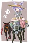  1girl animal animal_ears backpack barefoot bigdog collar doberman dog doitsuken feet hat lavender_hair original paw_print real_life robot shorts spiked_collar white_border 