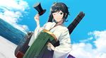  ahoge anchor black_hair cloud cowboy_shot day dutch_angle green_eyes green_hakama hakama hand_on_hip hat hat_removed headwear_removed japanese_clothes kantai_collection kimono looking_at_viewer machinery matsukaze_(kantai_collection) meiji_schoolgirl_uniform mini_hat mini_top_hat ocean one_eye_closed parted_lips sahuyaiya short_hair solo standing top_hat 