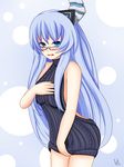  backless_dress backless_outfit bad_id bad_pixiv_id black_sweater blue_eyes blue_hair breasts cleavage clipboard cundodeviant dress glasses hair_ornament highres horns kami_jigen_game_neptune_v kiseijou_rei long_hair looking_at_viewer medium_breasts meme_attire naked_sweater neptune_(series) no_bra no_panties open_mouth shiny shiny_hair shiny_skin sideboob solo striped striped_legwear sweater sweater_dress sweater_vest tied_hair turtleneck turtleneck_sweater very_long_hair virgin_killer_sweater 