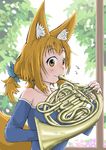  absurdres animal_ears blonde_hair blue_dress blue_ribbon blush commentary_request doitsuken dress fox_ears fox_girl fox_tail french_horn hair_ribbon highres instrument looking_at_viewer music original playing_instrument ribbon solo strapless strapless_dress sweat sweatdrop tail tree twintails 