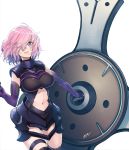  1girl absurdres armored_leotard ayaki black_legwear black_leotard breasts cowboy_shot elbow_gloves fate/grand_order fate_(series) floating_hair gloves hair_over_one_eye highres holding_shield large_breasts leotard mash_kyrielight midriff navel navel_cutout open_mouth pink_hair purple_eyes purple_gloves shield short_hair shoulder_armor solo standing stomach thigh_strap thighhighs 