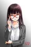  adjusting_eyewear bespectacled black_hair business_suit commentary_request dress_shirt formal glasses glasses_day gradient gradient_background green_eyes kurosawa_dia love_live! love_live!_sunshine!! misu_kasumi mole mole_under_mouth parted_lips red-framed_eyewear shirt solo suit 